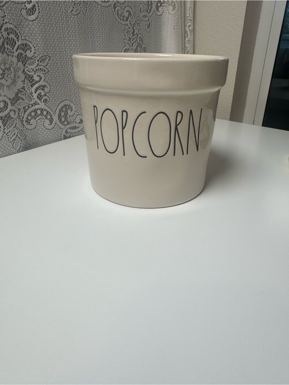 Rae Dunn Popcorn Ceramic Canister - Beige with Black Lettering 5”x 5 1/2”.